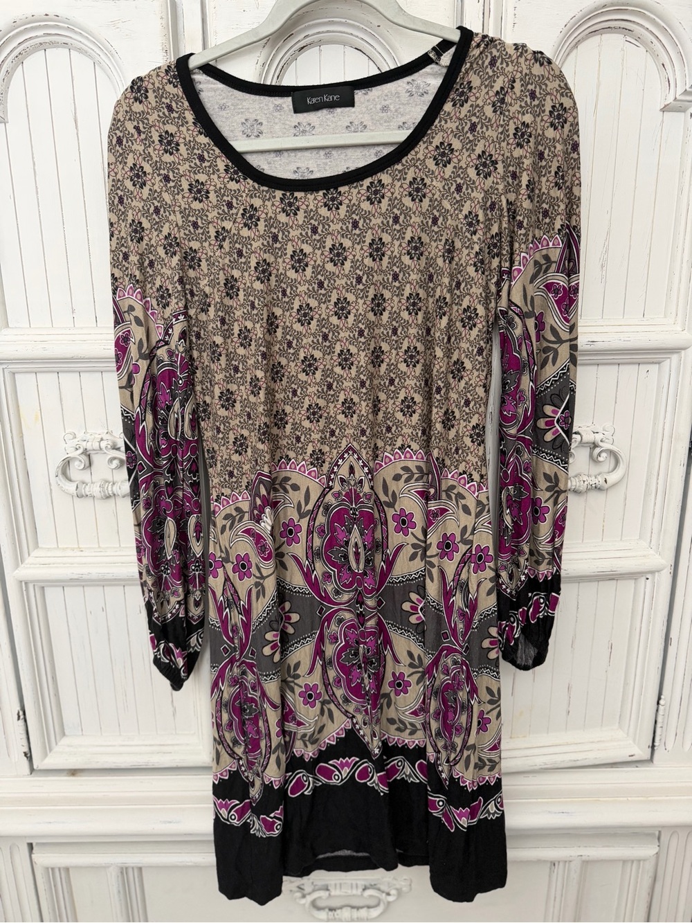 Karen Kane Beige and Magenta Paisley Long-Sleeve Dress